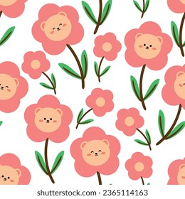 Patrón de adorables osos de dibujos animados y flores rosadas para impresiones de tela, textiles, papel de envoltura de regalo. vector colorido para los niños, estilo de fondo
