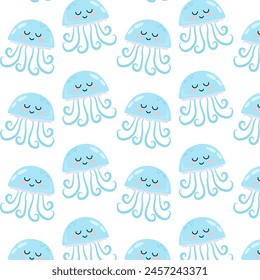 Pattern with cute cartoon blue jellyfish. Underwater animal in flat style. Kids background. Pattern for textile, wrapping paper, background.	