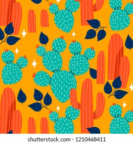 pattern with cute cartoon cacti with leaves on orange background in flat style. can be used like pattern for textile, fabric or like wrapping paper