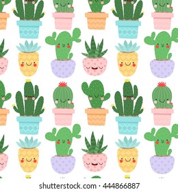 pattern with cute cartoon cactus and succulents with funny faces in pots. can be used like pattern for textile, wrapping paper, cards and party invitations