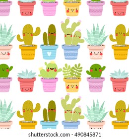 pattern with cute cartoon cactus and succulents with funny faces in pots. can be used like pattern for textile, wrapping paper, cards and party invitations