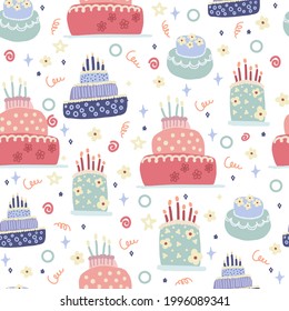 Pattern of cute cartoon cakes on a white background. Vector seamless pattern.