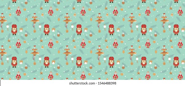 pattern with Cute cartoon character nutcracker, Mouse King, Old clock, Ballerina characters chrisrmas toy and snowflakes