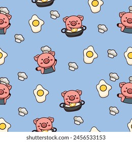 pattern cute cartoon character pig is cooking on blue pastel background