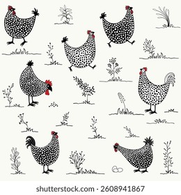 Pattern with cute  cartoon chickens on white background
