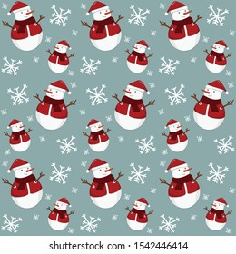 Pattern Cute Cartoon Christmas Snowman on Snow Winter Background. Seamless Snowman Christmas. Happy Christmas.