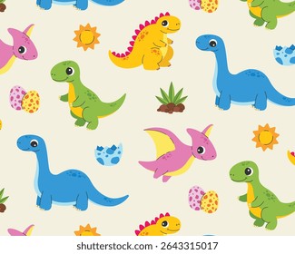 A pattern of cute cartoon dinosaurs. Vector illustration.