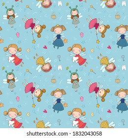 Pattern with cute cartoon fairies. Fairy elves. Childrens illustration. tooth Fairy