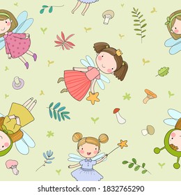 Pattern with cute cartoon fairies. Fairy elves. Childrens illustration. 