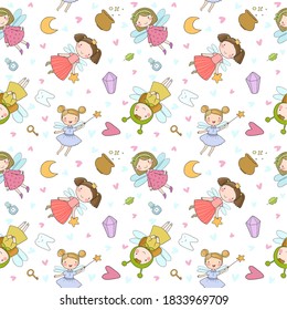 Pattern with cute cartoon fairies. Fairy elves. Childrens illustration. tooth Fairy