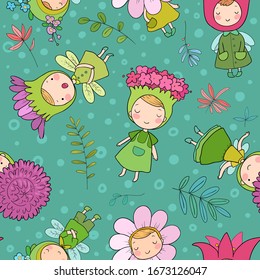 Pattern with cute cartoon flower fairies. Forest gnomes. Fairytale creatures. Funny kids