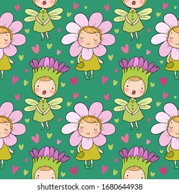 Muster mit süßen Cartoon-Blumenzwiebeln. Waldzwerge. Märchenhafte Kreaturen. Fantastische Kinder