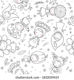 Pattern with Cute cartoon flower fairies. Forest gnomes. Fairytale creatures. Funny kids