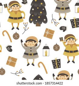 Pattern of cute cartoon forest and elfs. Merry Christmas design set with funny characters and symbols. Cute cartoon forest animals, santa and christmas elements. Vector illustration