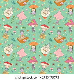 Pattern with cute cartoon gnomes mushrooms. Forest elves. Little fairies