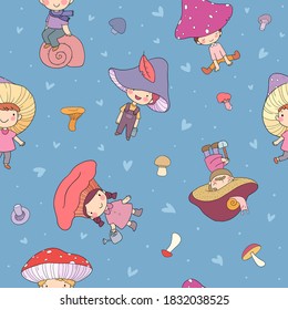 Pattern with cute cartoon gnomes mushrooms. Forest elves. Little fairies