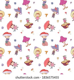 Pattern with cute cartoon gnomes mushrooms. Forest elves. Little fairies