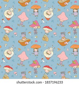 Pattern with cute cartoon gnomes mushrooms. Forest elves. Little fairies