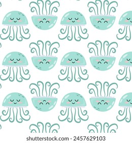 Pattern with cute cartoon green jellyfish. Underwater animal in flat style. Kids illustration of cartoon jellyfish in flat style.Pattern for textile, wrapping paper, background.