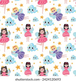 Pattern Cute cartoon hand drawn fairy. Magical kingdom. Little princes