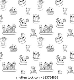 Pattern of cute cartoon hand-draw cactus in different pots