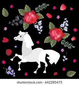 Pattern with cute cartoon horse,  roses and bell flowers isolated on black background. Russian motif.