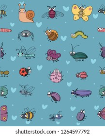 Pattern with cute cartoon insects. Funny butterflies, beetles, flies, mosquitoes and snail. Vector 