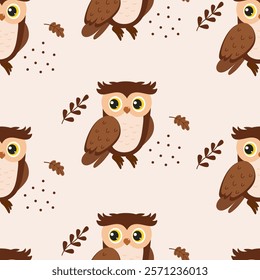 Pattern of cute cartoon owls among leaves and acorns on a light background