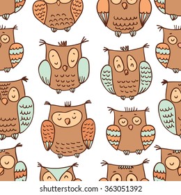 Pattern with cute cartoon owls in vector 