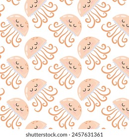 Pattern with cute cartoon peach fuzz jellyfish. Underwater animal in flat style. Kids illustration of cartoon jellyfish in flat style. Pattern for textile, wrapping paper, background.