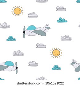 Pattern with a cute cartoon plane, sun, clouds in Scandinavian style. Vector background