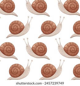 Pattern with cute cartoon snail. Brown garden snail in flat style. Pattern for textile, wrapping paper, background.