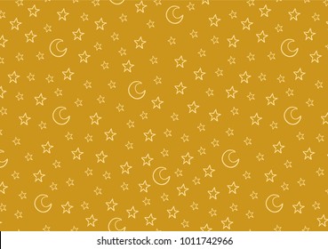 Pattern with cute cartoon stars and halfmoons. Horizontal album orientation. Gold, yellow colors. Vector illustration. 