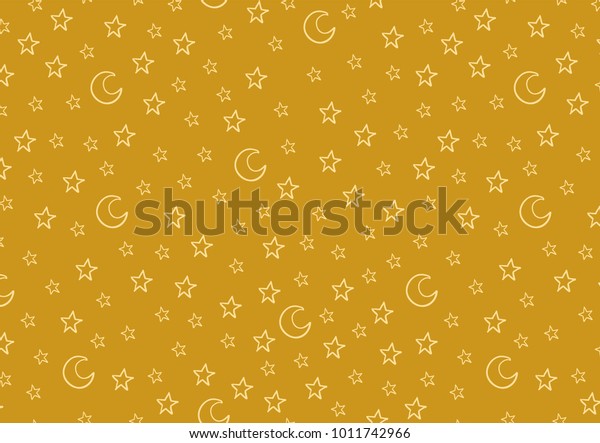 Pattern with cute cartoon stars and halfmoons.\
Horizontal album orientation. Gold, yellow colors. Vector\
illustration. 