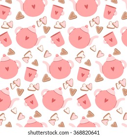 pattern with cute cartoon teapot, cup and cookies on white background. can be used for valentine's day greeting cards, party invitations, textile, wrapping paper