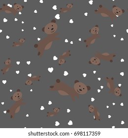 Pattern with cute cartoon teddy bear and hearts for kids. Childish background for design of textile, texture, fabric
