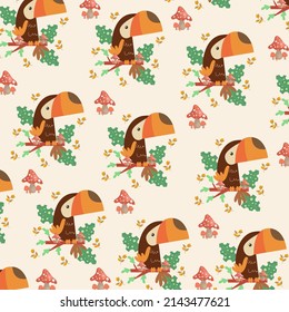 pattern with cute cartoon toucan bird on branch. Vector illustration for wallpaper, fabric, textile. Summer exotic print. Tropical toucan with stalks and leaves.