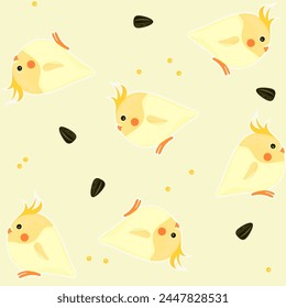 Pattern with cute cartoon yellow parrots surrounded by millet and sunflower seeds on a light yellow background. Pattern with cockatiels