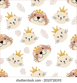 Pattern with cute cat in crown. Hand drawn flat cartoon elements. Vector illustration.
