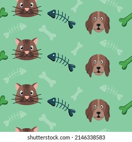 Pattern with cute cat and dog, paws and fish. Kids background