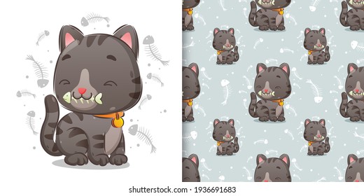 The pattern of a cute cat is eating a bone fish with a very happy face of illustration