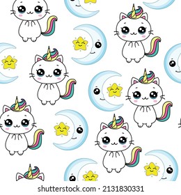 patrón con un lindo gato con cuerno y cola colorida. unicornio de patrón sin costura con pelo multicolor. ilustración vectorial, eps 10. 