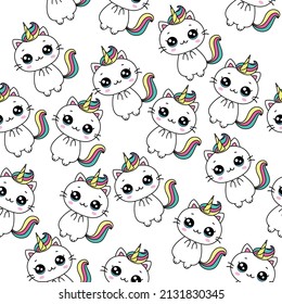 pattern with cute cat with horn and colorful tail. seamless pattern cat unicorn with multicolored hair. vector illustration, eps 10.