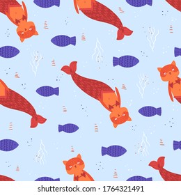 
Patrón con sirena de gatos y peces adorables en un fondo azul. Ilustración vectorial.