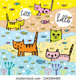 Pattern with Cute cat vector illustration,Adorable pattern with funny cat,Funny colorful vector pattern with cute cat,Hand drawn