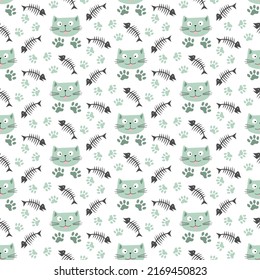 Pattern with cute cats and fish. Vector illustration. For childrens clothing, fabrics and packaging materials, prints and covers, decorative elements.