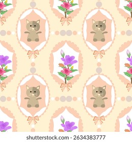 Padrão com gatos bonitos e desenhos florais.