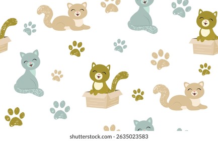 Сhildish pattern with cute cats, kids print. Animal seamless background, cute vector texture for kids bedding, fabric, wallpaper, wrapping paper, textile, t-shirt print, grunge