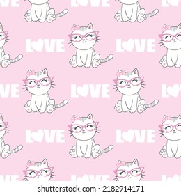 Pattern with cute cats. Kittens have rose-colored glasses. The charming kittens.