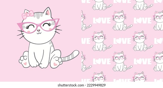 Pattern with cute cats. Kittens have rose-colored glasses. The charming kittens.